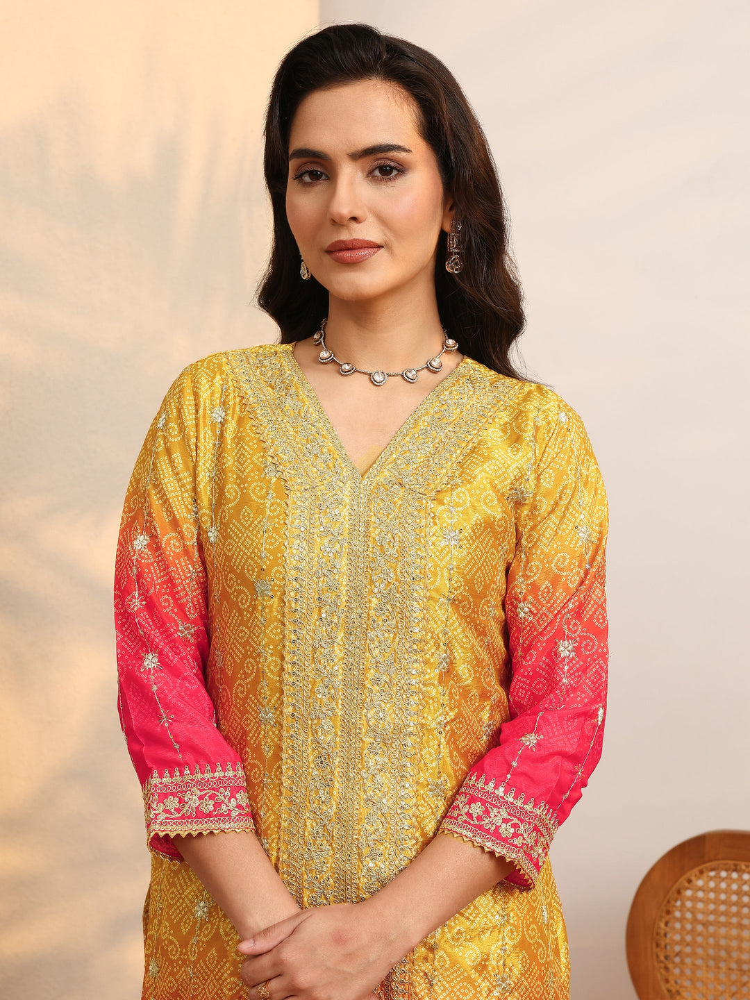 Mustard Embroidered Chinon Straight Suit Set With Dupatta