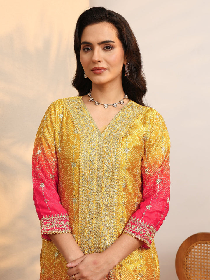 Mustard Embroidered Chinon Straight Suit Set With Dupatta