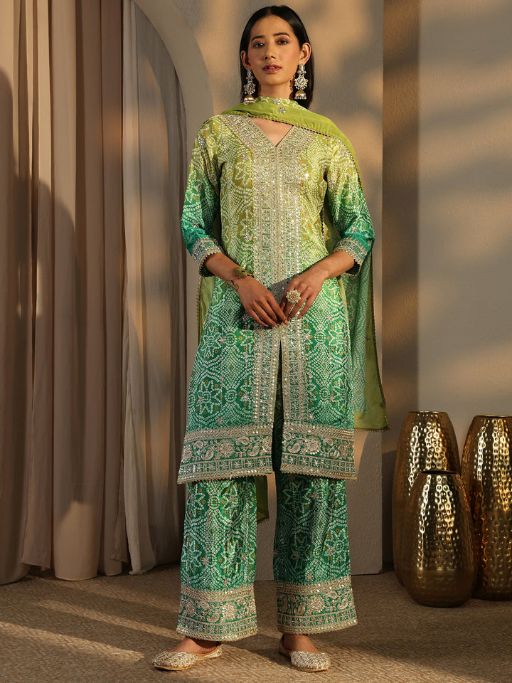 Green Bandhani Embroidered Chinon Straight Suit Set With Dupatta