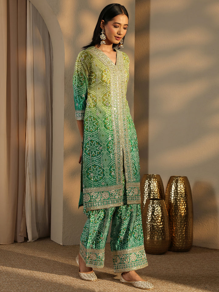 Green Bandhani Embroidered Chinon Straight Suit Set With Dupatta