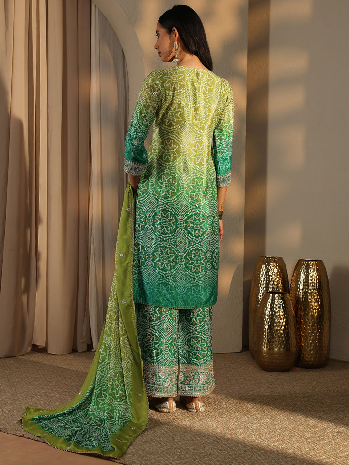 Green Bandhani Embroidered Chinon Straight Suit Set With Dupatta
