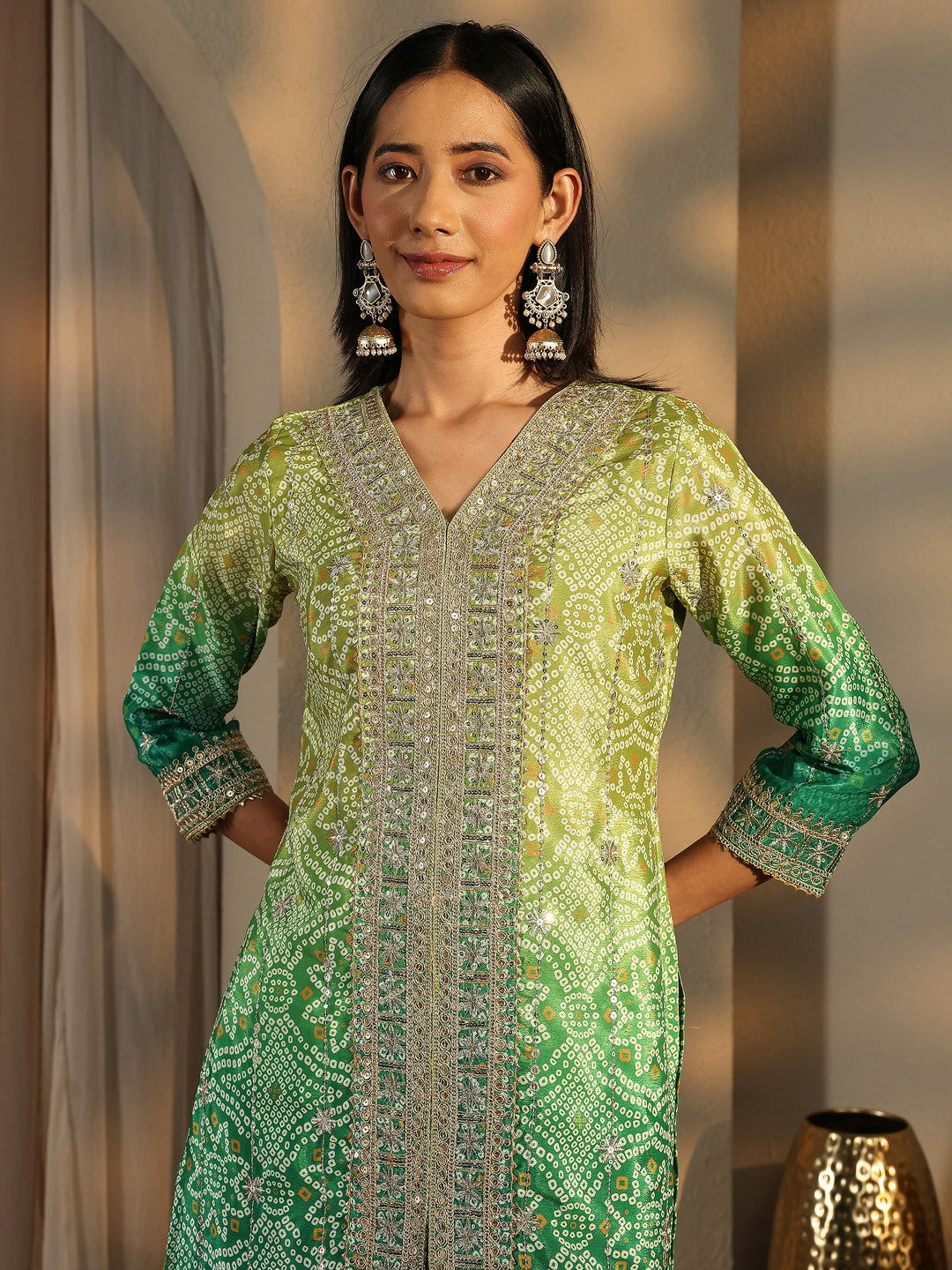 Green Bandhani Embroidered Chinon Straight Suit Set With Dupatta