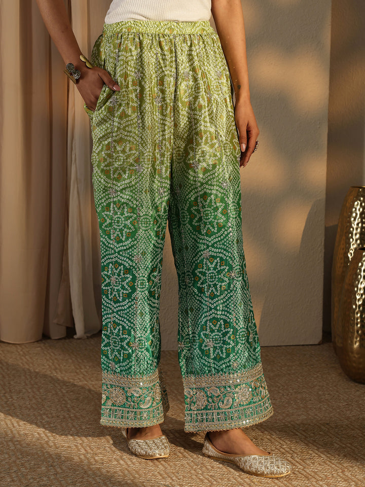 Green Bandhani Embroidered Chinon Straight Suit Set With Dupatta