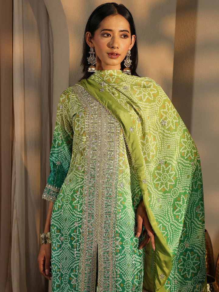 Green Bandhani Embroidered Chinon Straight Suit Set With Dupatta