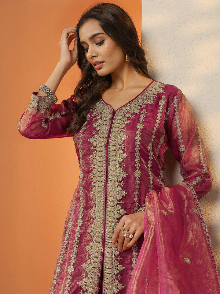 Libas Art Pink Embroidered Organza Straight Suit Set With Dupatta