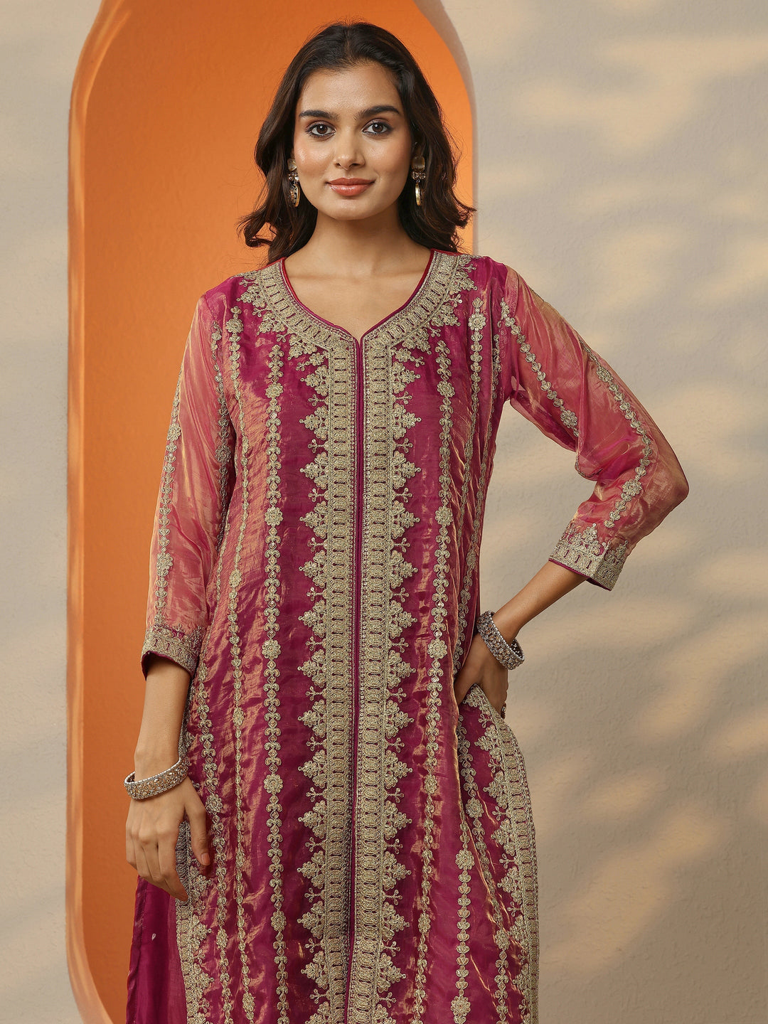 Libas Art Pink Embroidered Organza Straight Suit Set With Dupatta