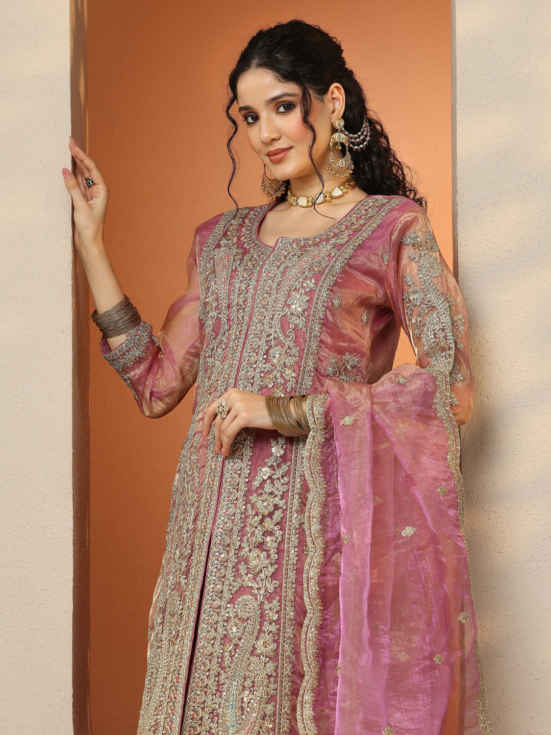 Libas Art Gold Embroidered Organza Straight Suit Set With Dupatta