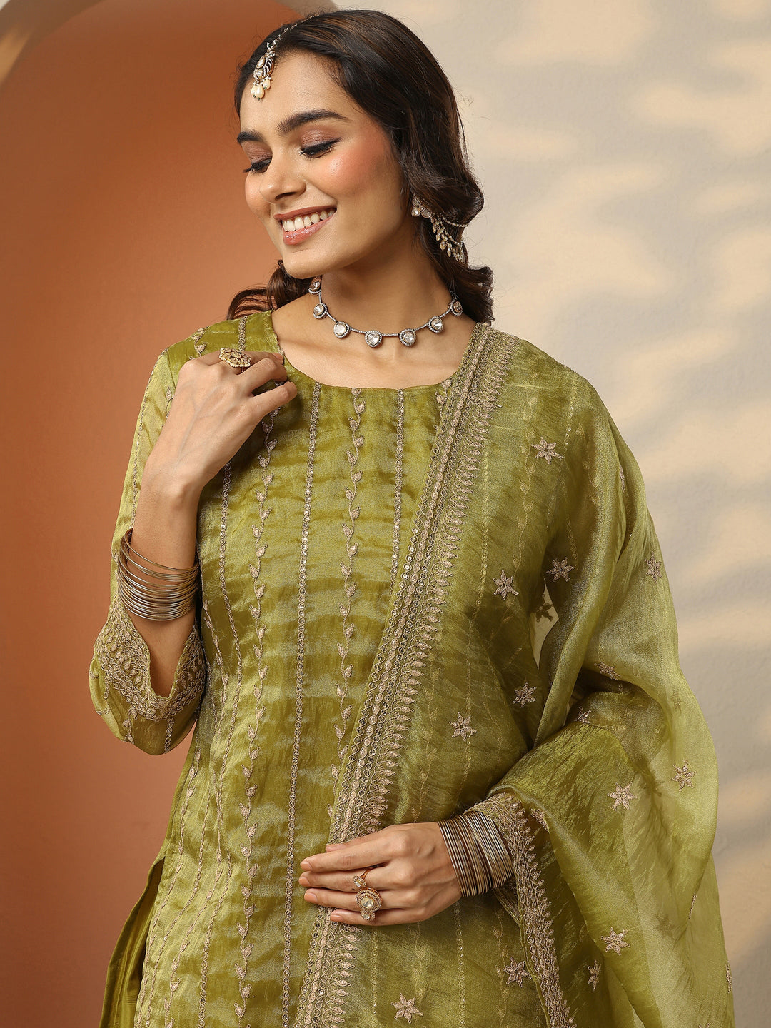 Libas Art Burgundy Embroidered Chinon Straight Suit Set With Dupatta