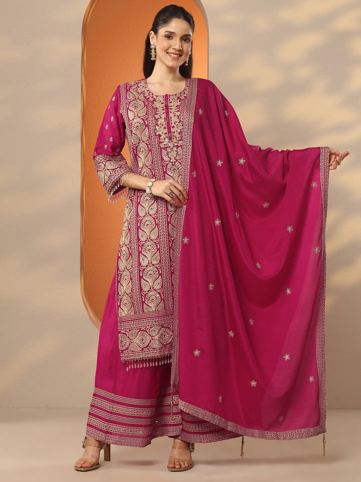 Libas Art Pink Embroidered Chinon Straight Suit Set With Dupatta