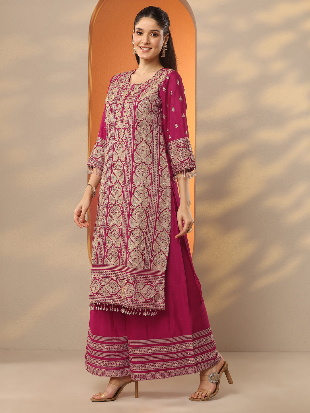 Libas Art Pink Embroidered Chinon Straight Suit Set With Dupatta