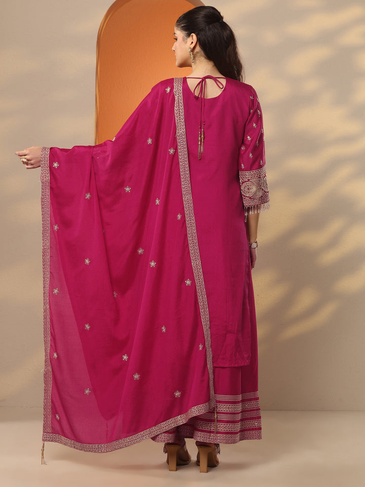 Libas Art Pink Embroidered Chinon Straight Suit Set With Dupatta