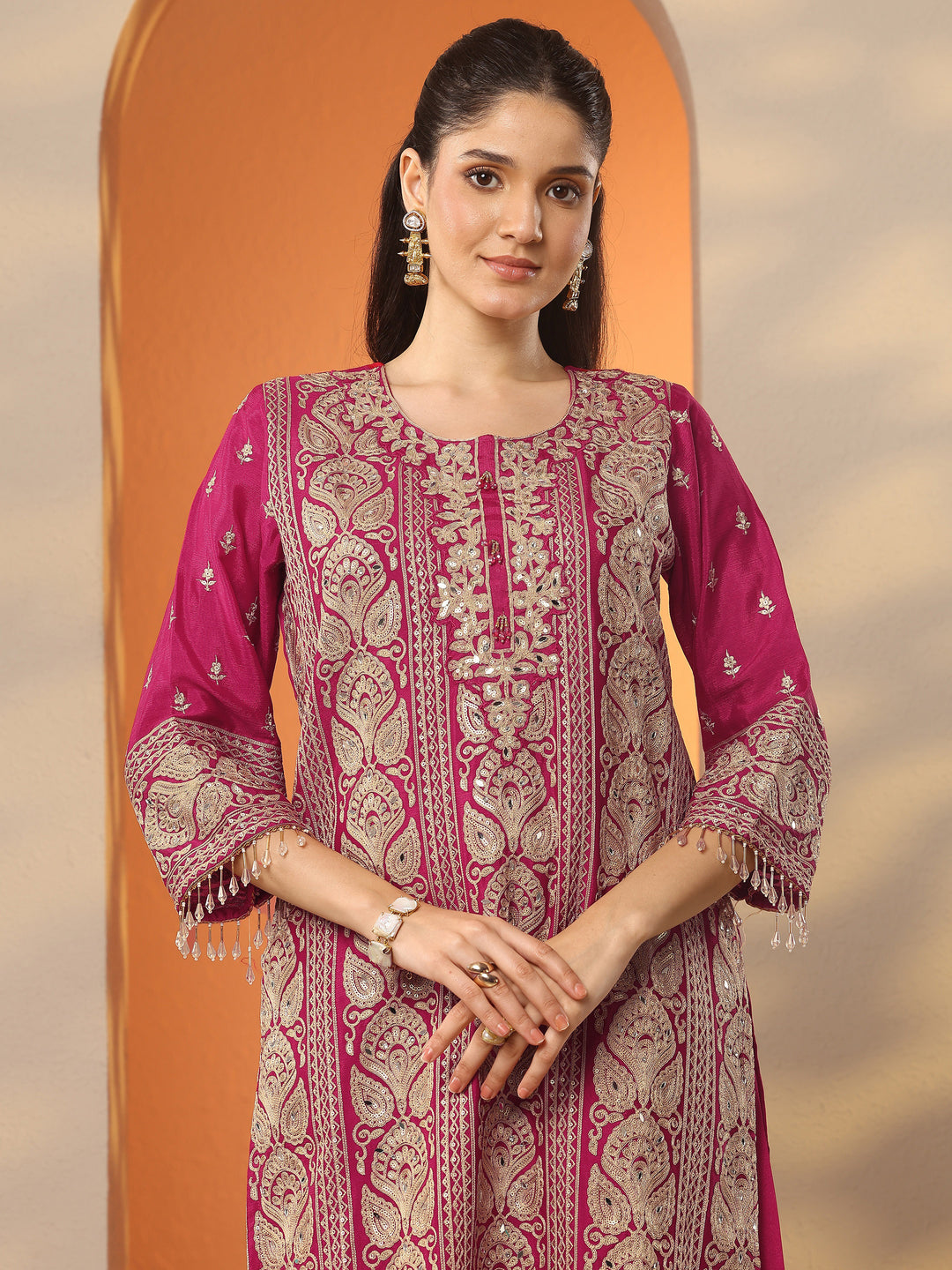 Libas Art Pink Embroidered Chinon Straight Suit Set With Dupatta