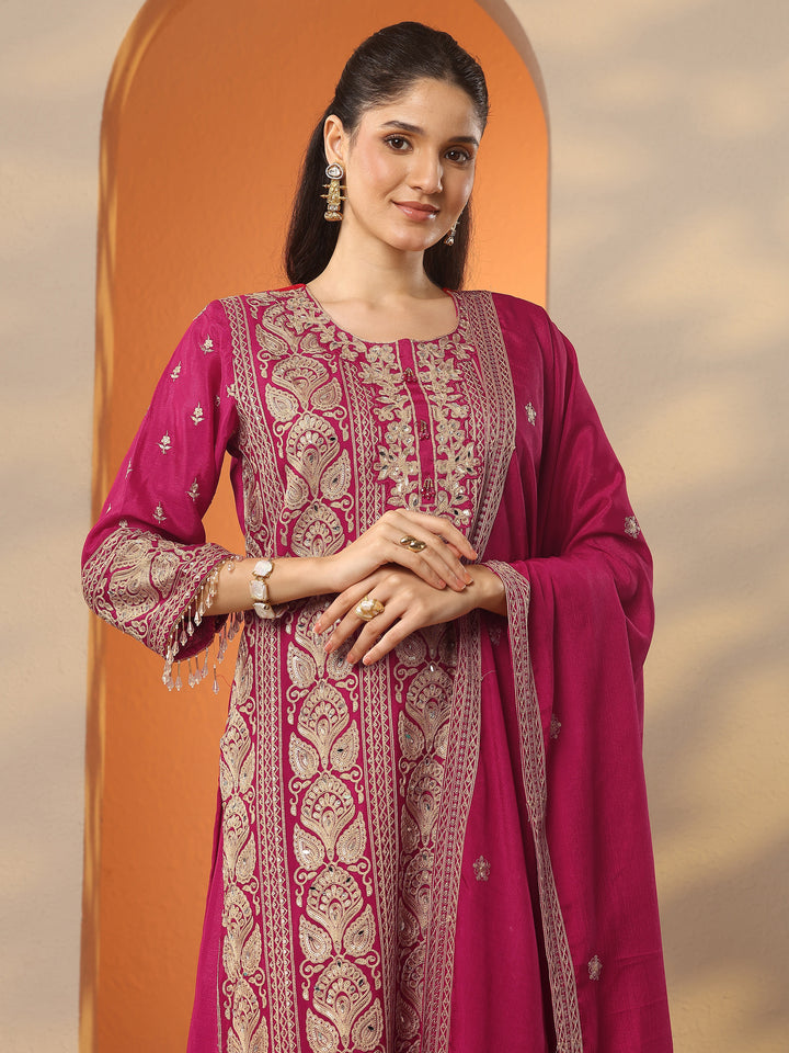 Libas Art Pink Embroidered Chinon Straight Suit Set With Dupatta