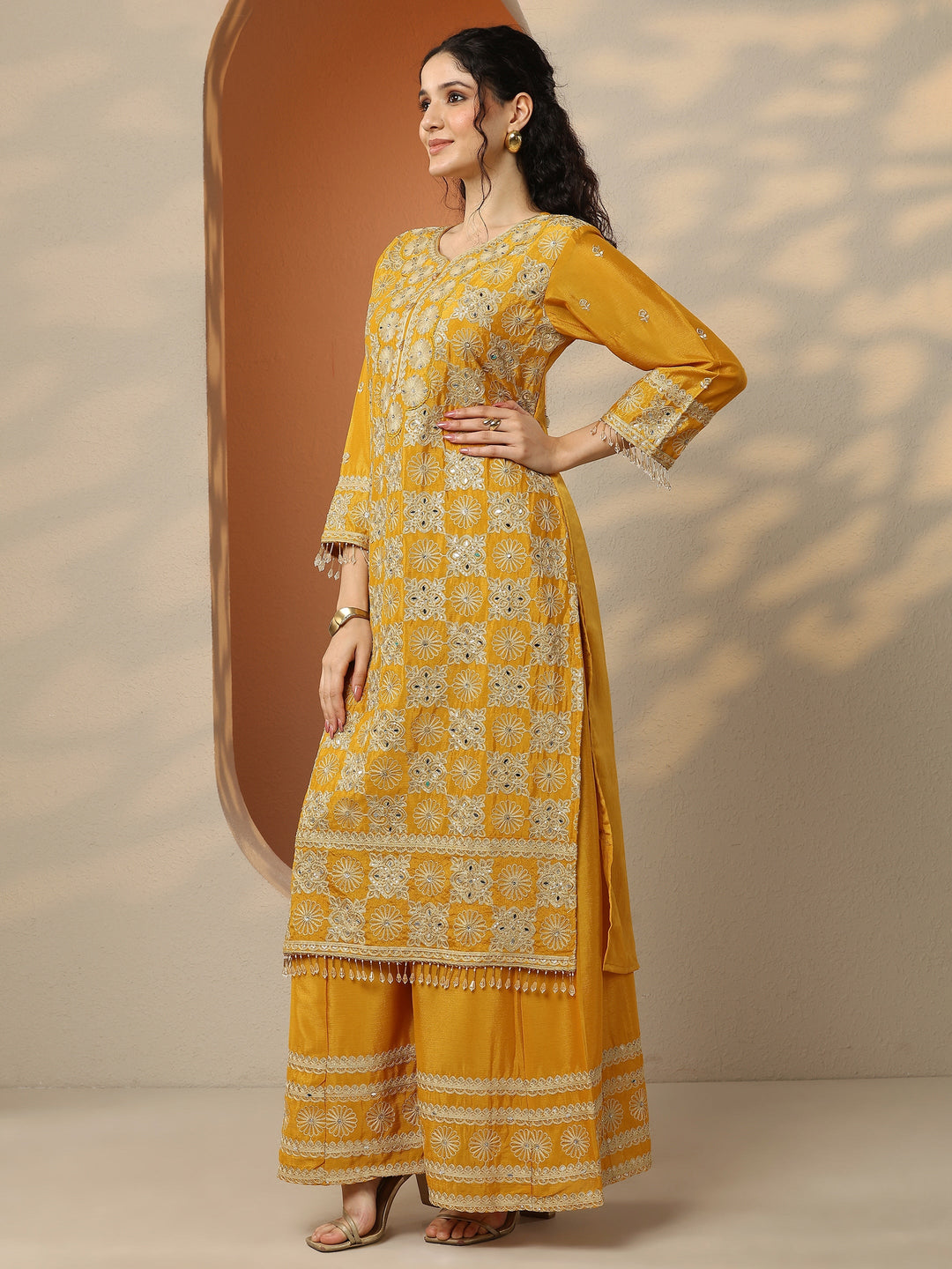 Libas Art Red Embroidered Chinon Straight Suit Set With Dupatta