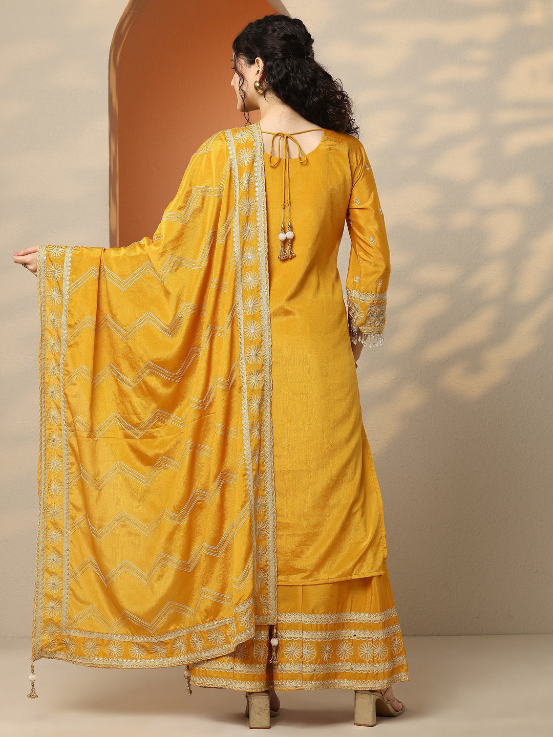 Libas Art Red Embroidered Chinon Straight Suit Set With Dupatta