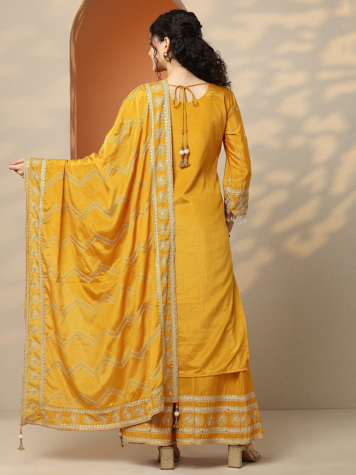Libas Art Red Embroidered Chinon Straight Suit Set With Dupatta