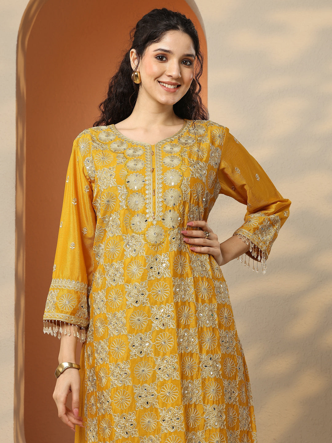Libas Art Red Embroidered Chinon Straight Suit Set With Dupatta