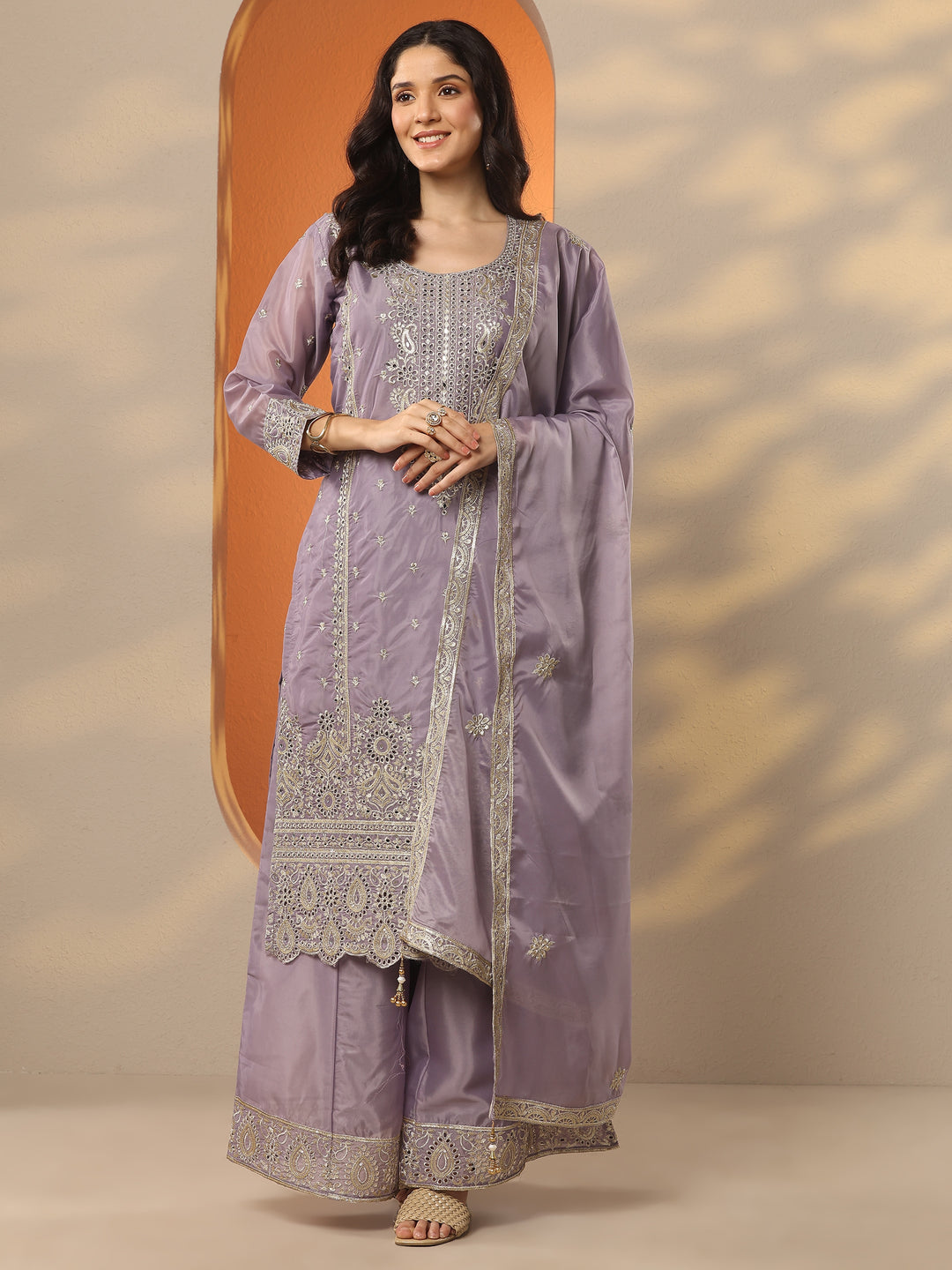 Libas Art Lavender Embroidered Organza Straight Suit Set With Dupatta