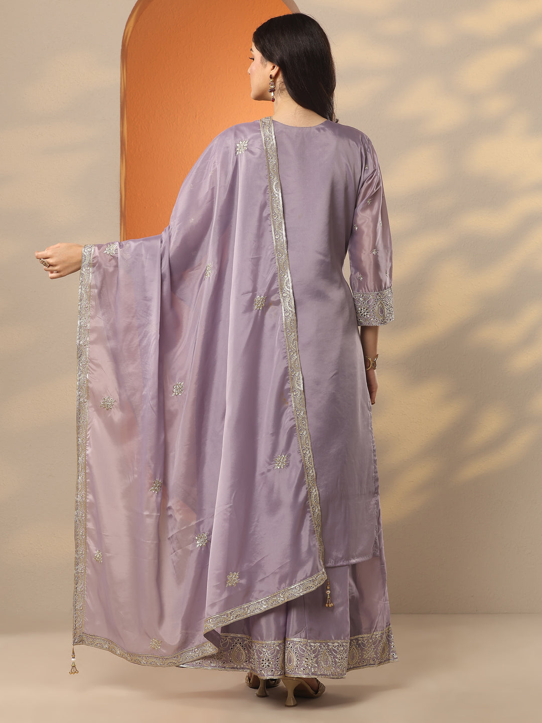 Libas Art Lavender Embroidered Organza Straight Suit Set With Dupatta