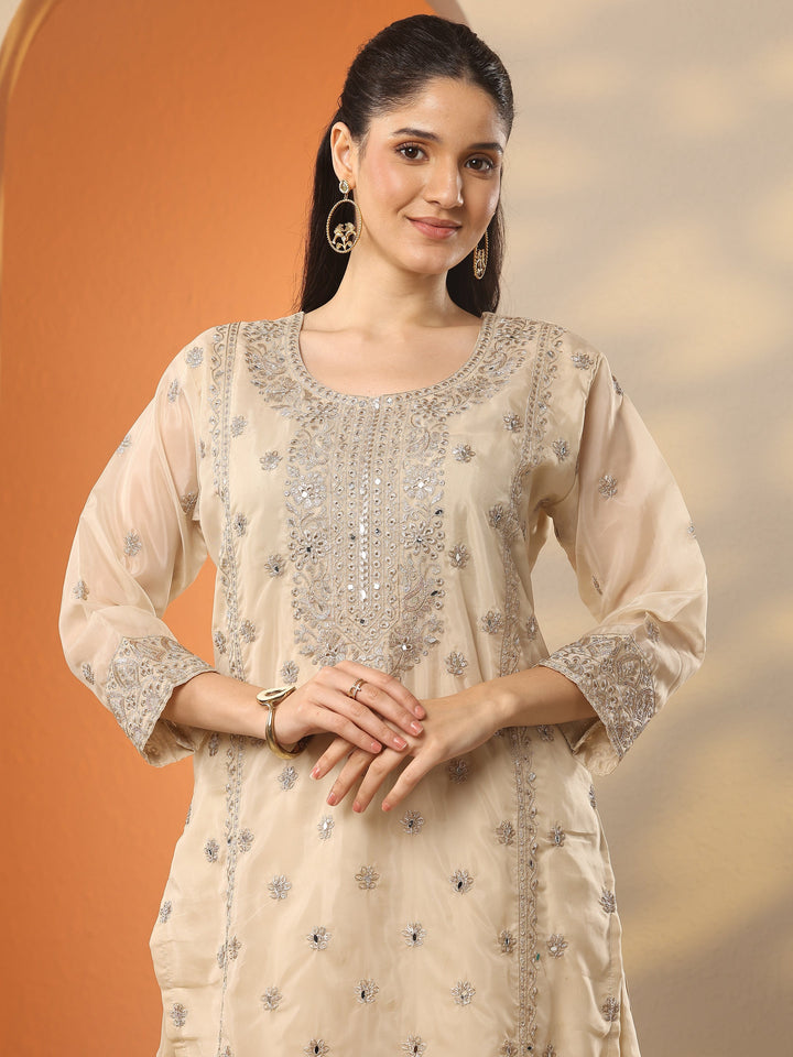 Libas Art Cream Embroidered Organza Straight Suit Set With Dupatta