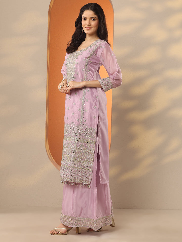 Libas Art Lavender Embroidered Organza Straight Suit Set With Dupatta