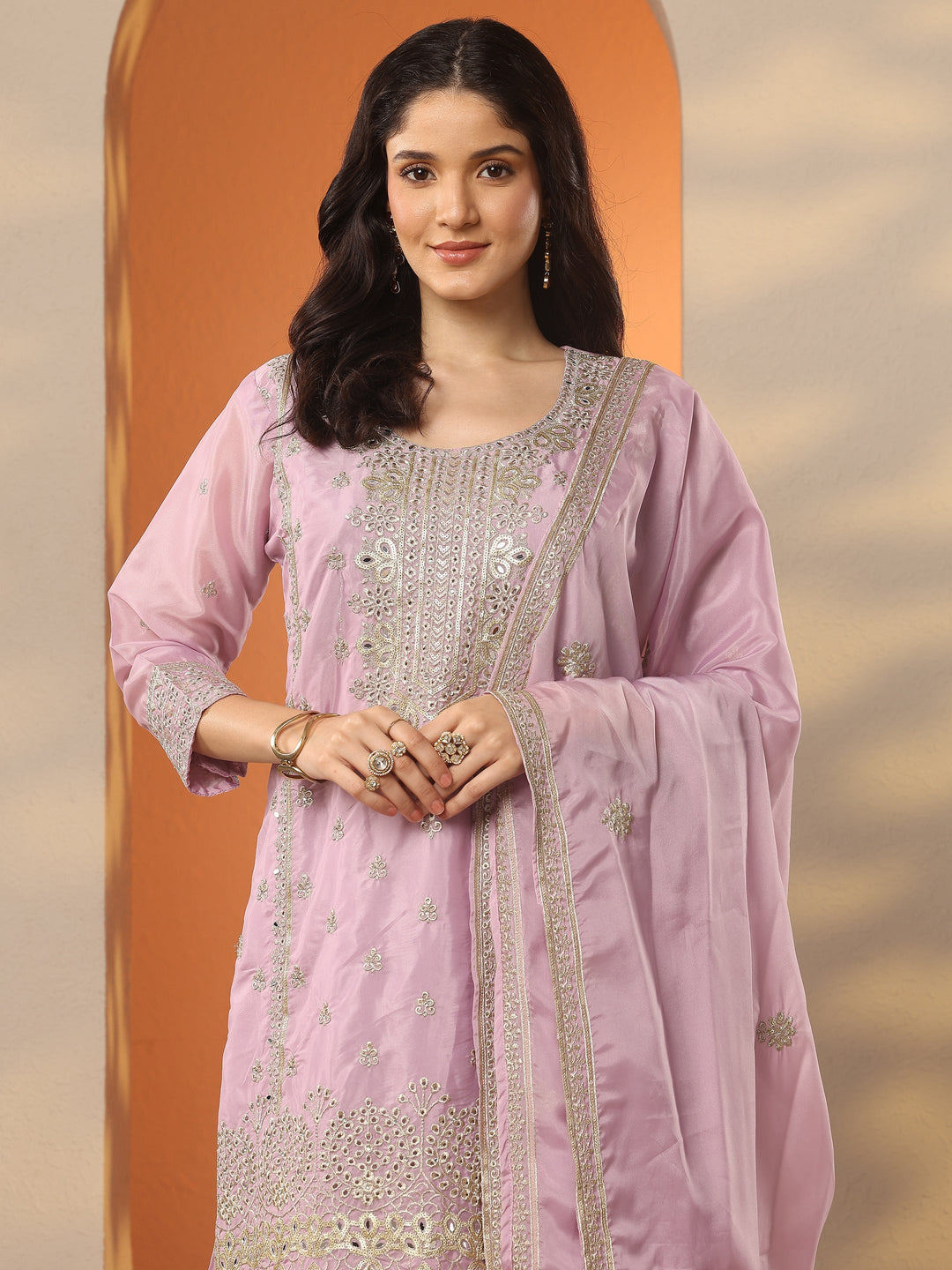 Libas Art Lavender Embroidered Organza Straight Suit Set With Dupatta