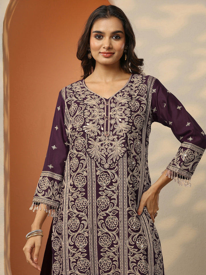 Libas Art Red Embroidered Chinon Straight Suit Set With Dupatta