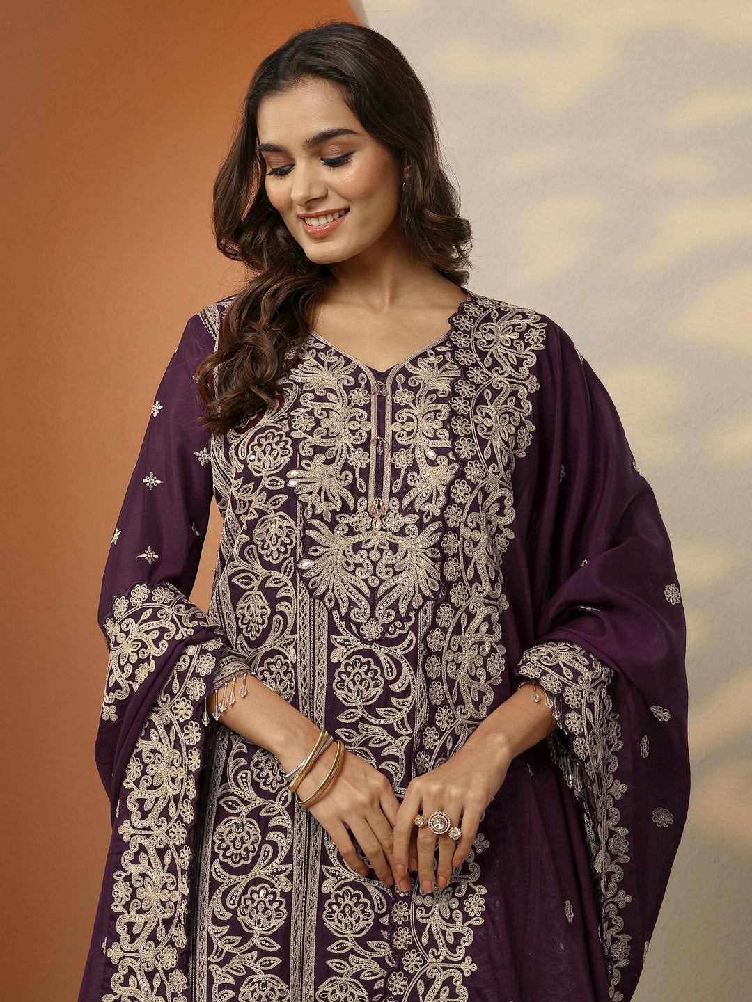 Libas Art Red Embroidered Chinon Straight Suit Set With Dupatta