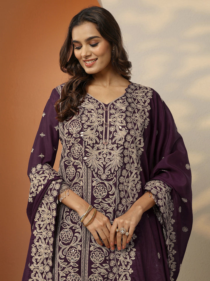 Libas Art Red Embroidered Chinon Straight Suit Set With Dupatta