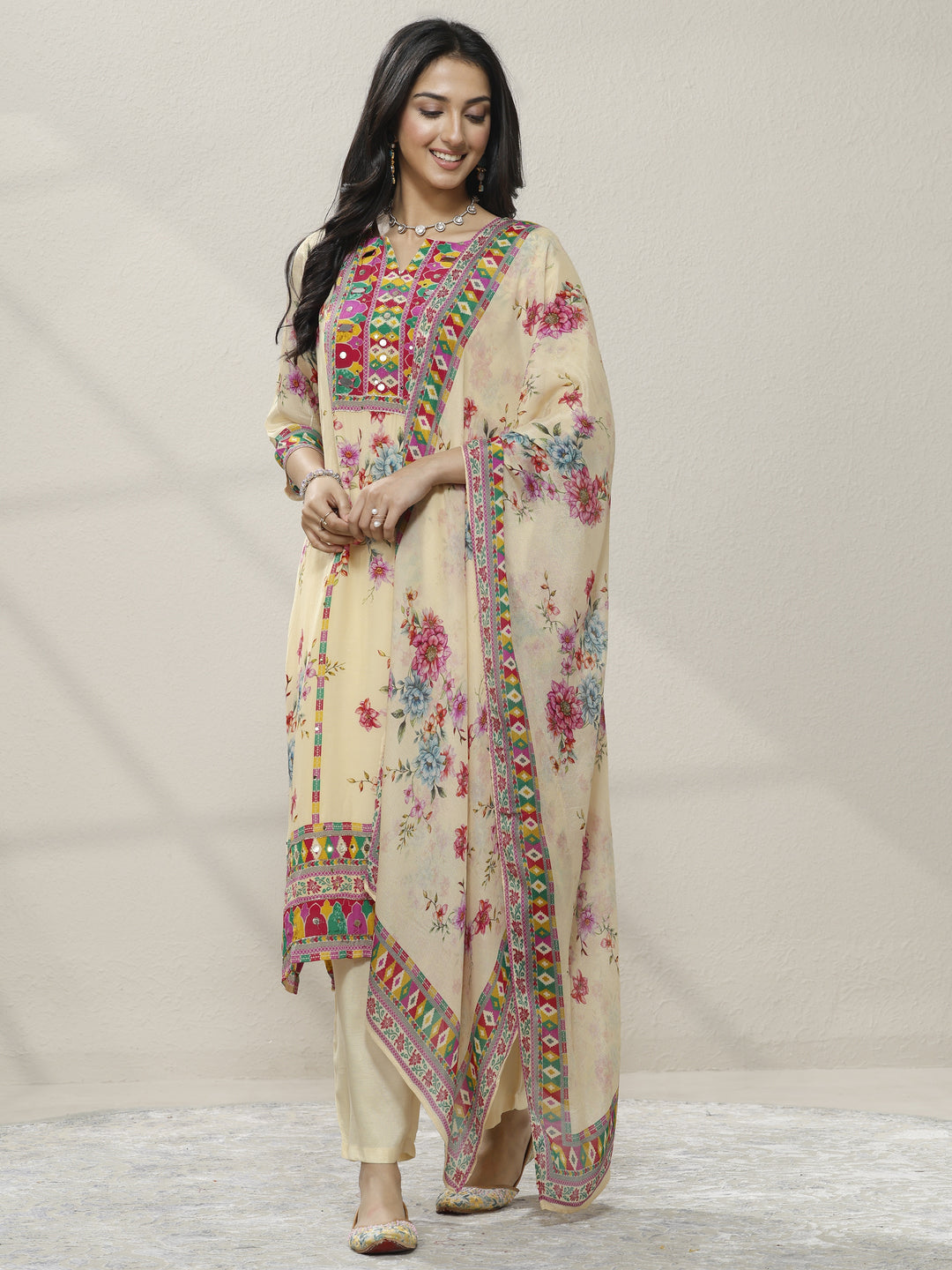 Cream Printed Chinon Straight Suit Set With Dupatta
