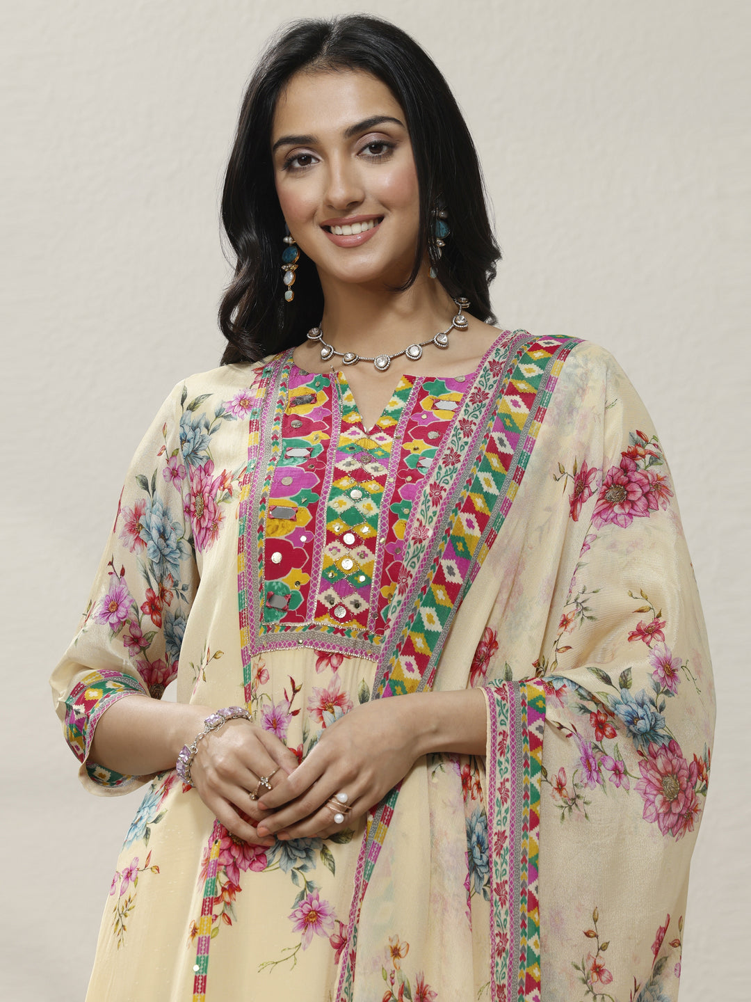 Cream Printed Chinon Straight Suit Set With Dupatta