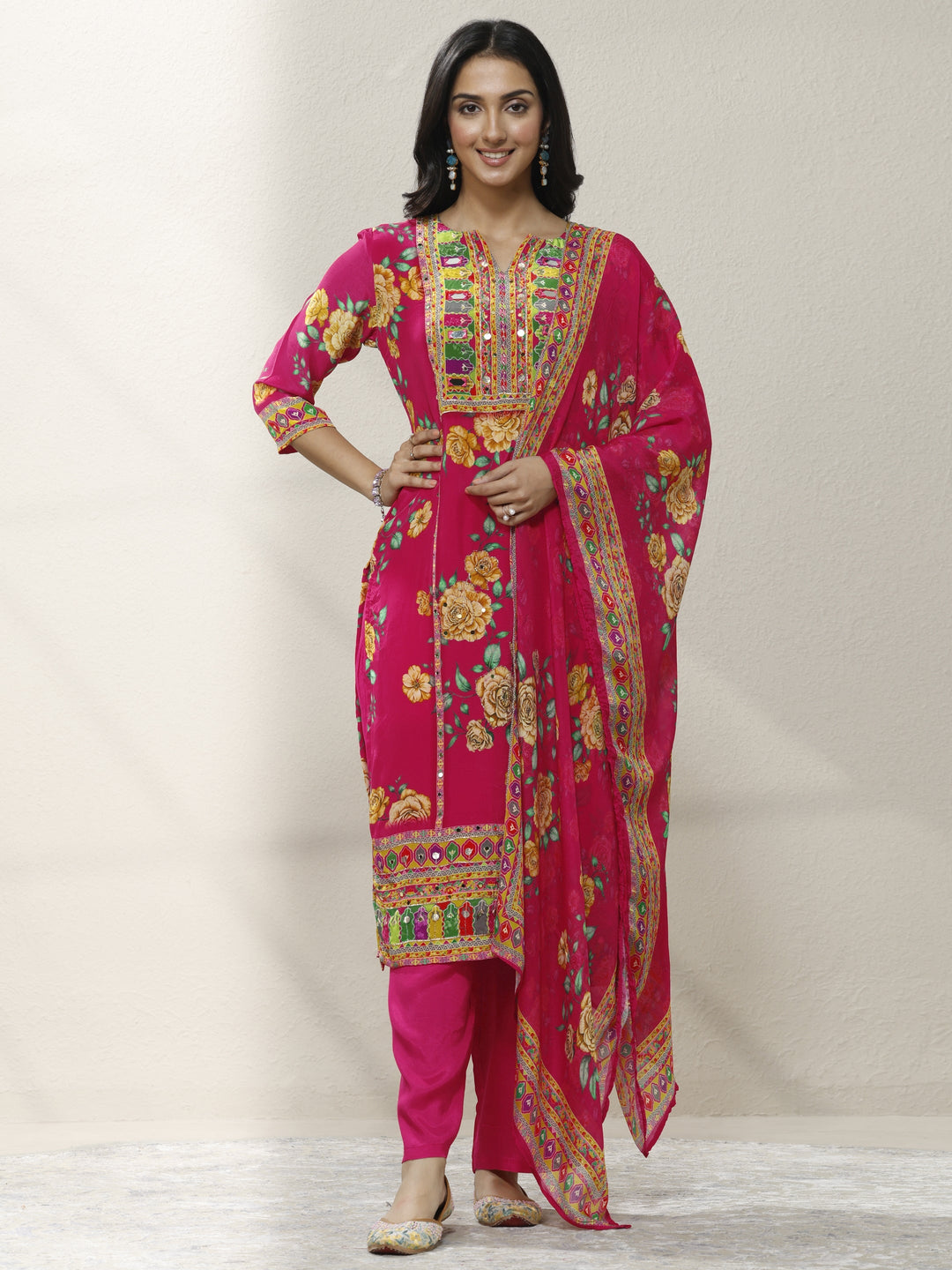 Pink Printed Chinon Straight Suit Set With Dupatta