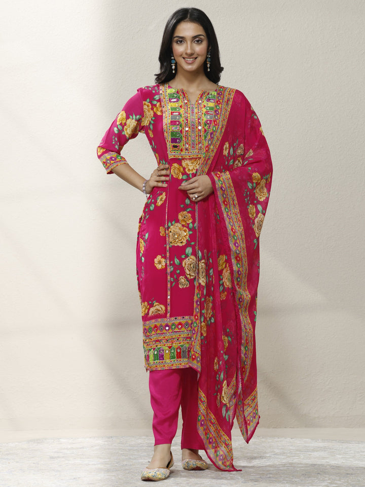 Pink Printed Chinon Straight Suit Set With Dupatta