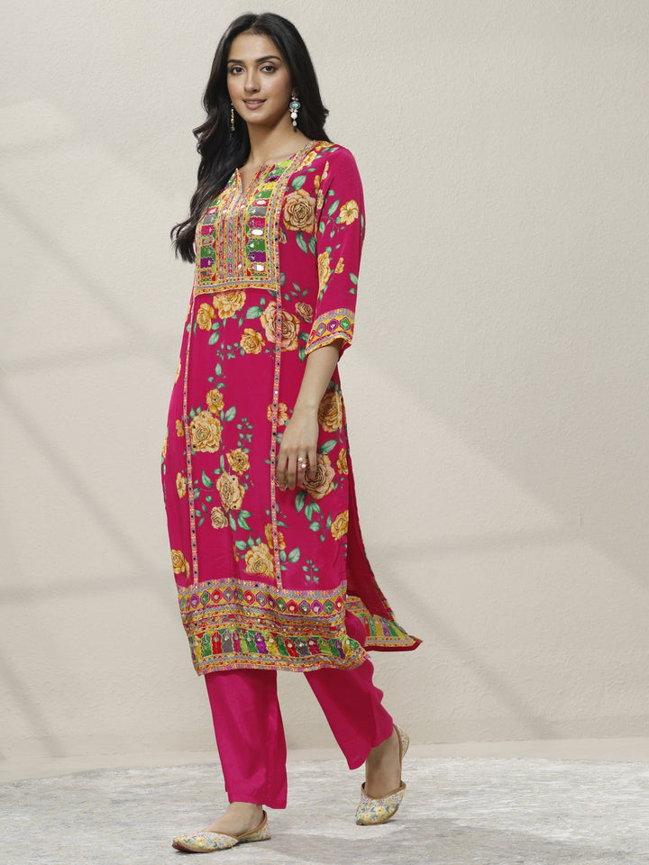 Pink Printed Chinon Straight Suit Set With Dupatta