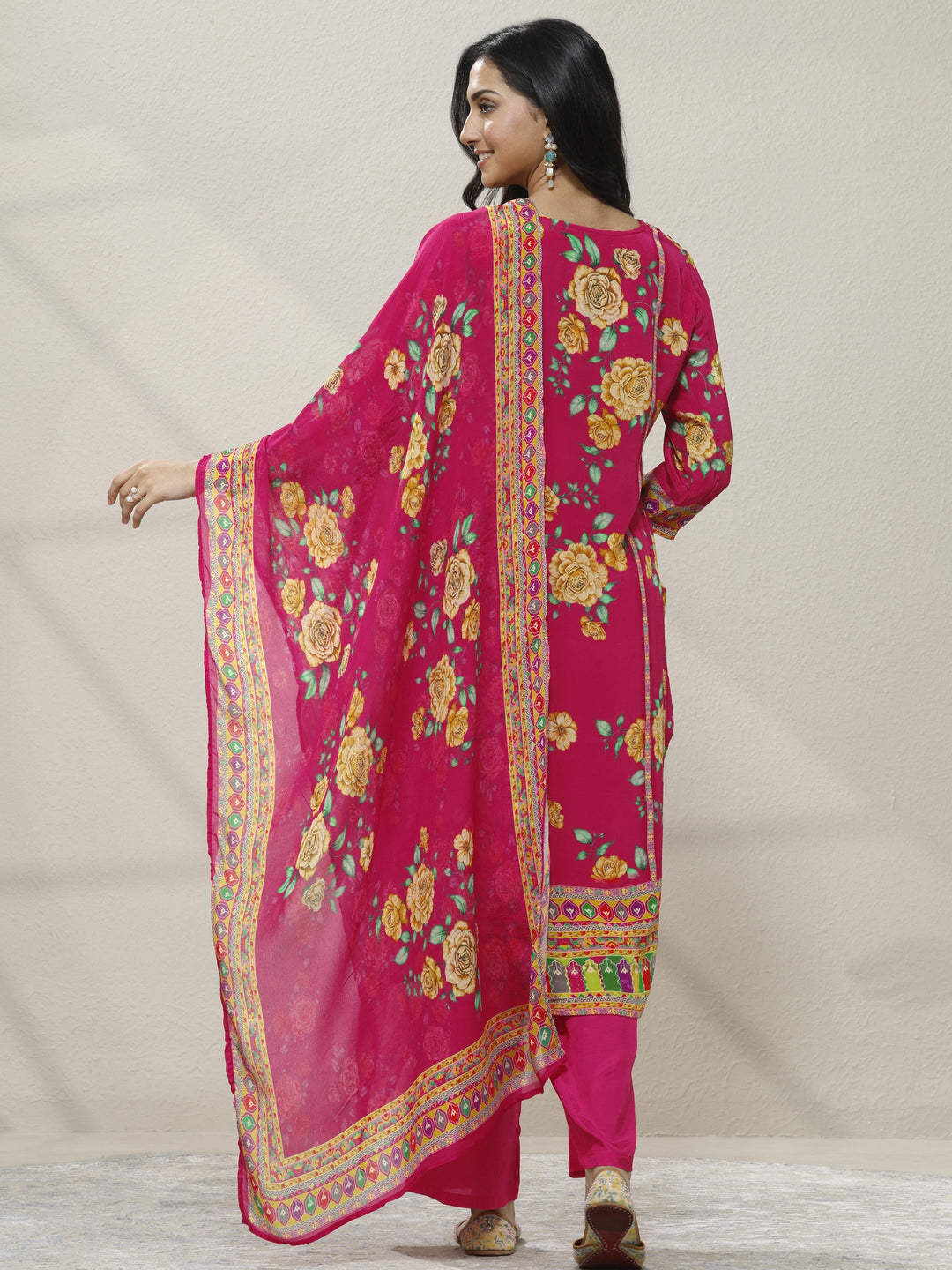 Pink Printed Chinon Straight Suit Set With Dupatta