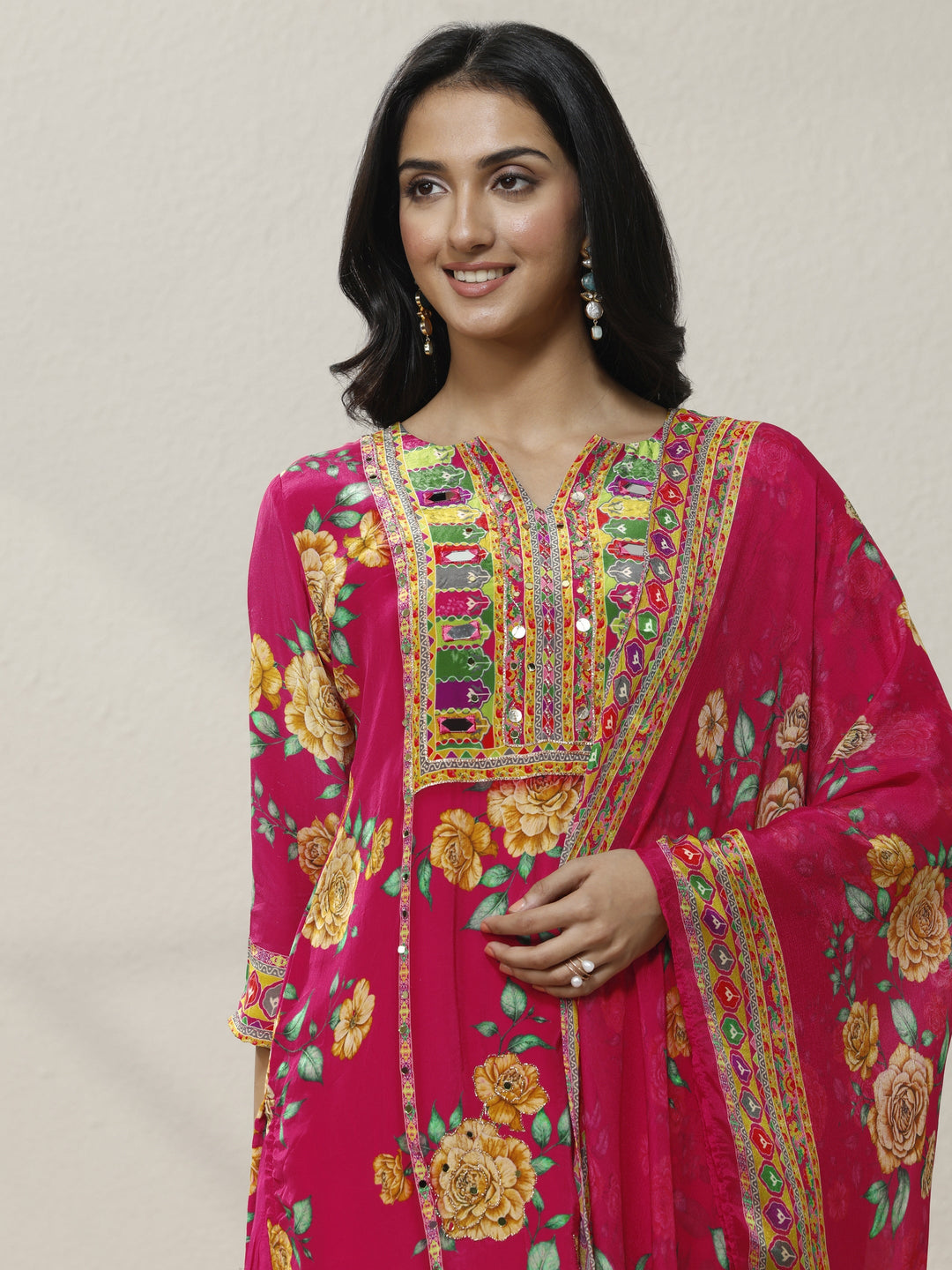 Pink Printed Chinon Straight Suit Set With Dupatta