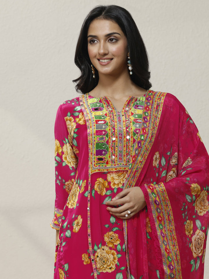 Pink Printed Chinon Straight Suit Set With Dupatta