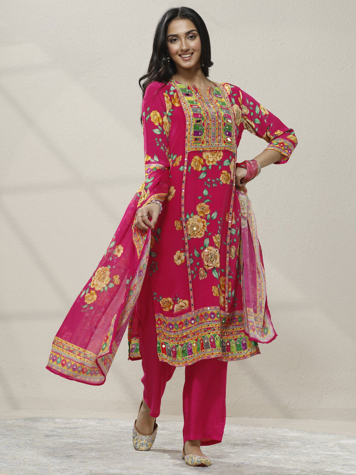 Pink Printed Chinon Straight Suit Set With Dupatta
