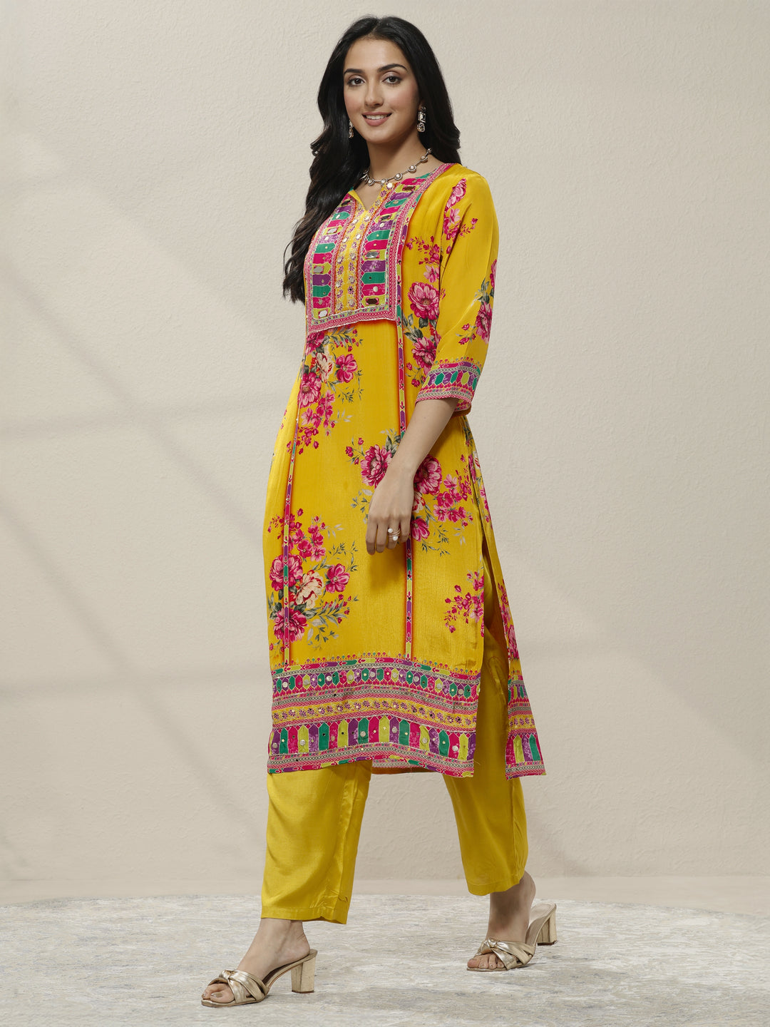 Mustard Printed Chinon Straight Suit Set With Dupatta