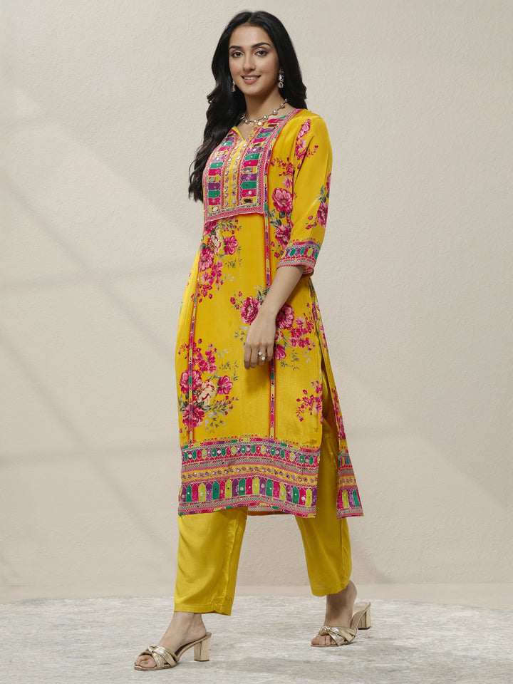 Mustard Printed Chinon Straight Suit Set With Dupatta