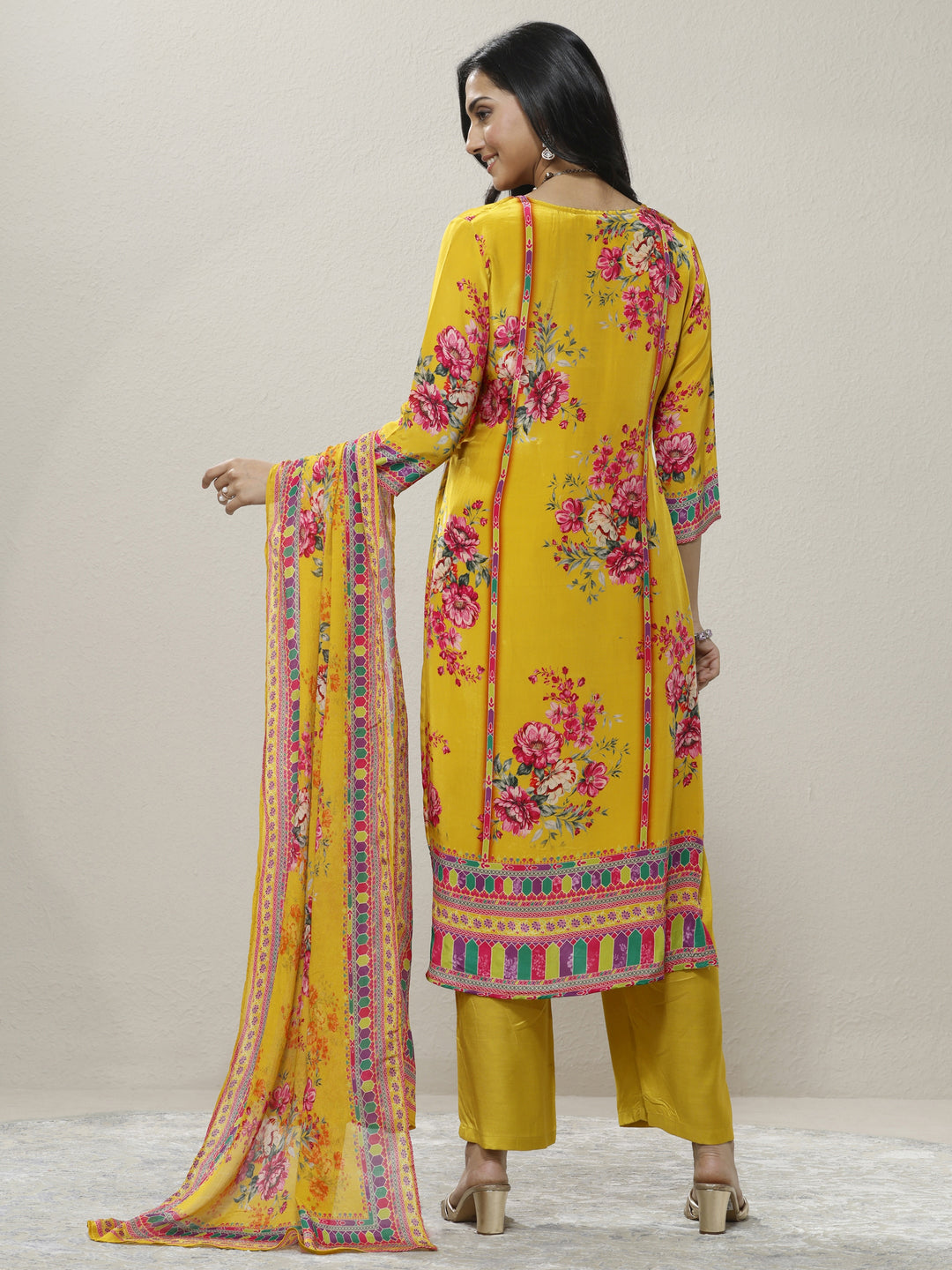 Mustard Printed Chinon Straight Suit Set With Dupatta