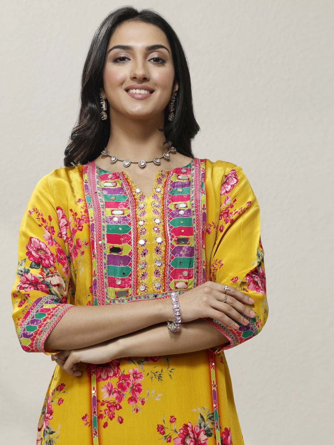 Mustard Printed Chinon Straight Suit Set With Dupatta