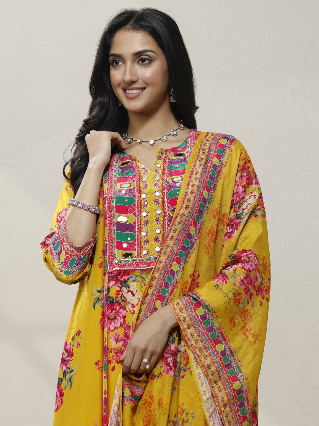 Mustard Printed Chinon Straight Suit Set With Dupatta
