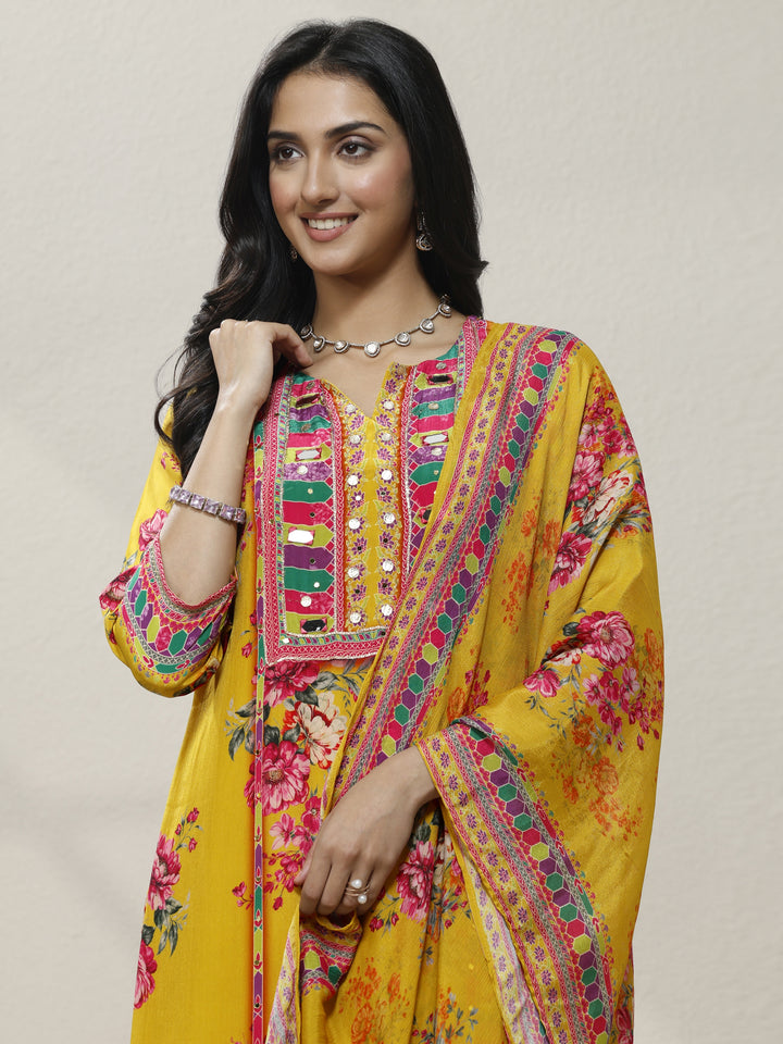 Mustard Printed Chinon Straight Suit Set With Dupatta