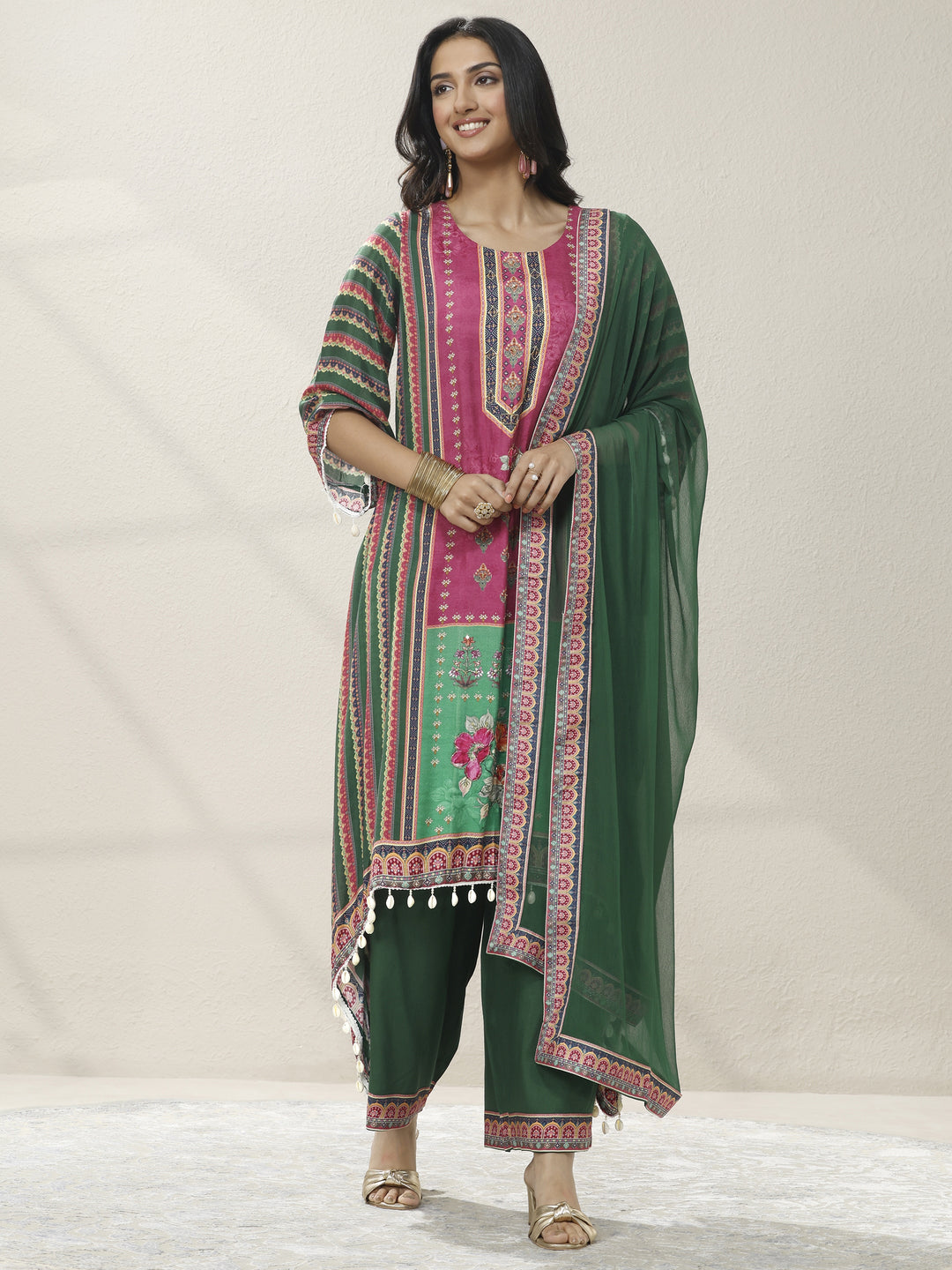 Green Printed Muslin Straight Suit Set With Dupatta