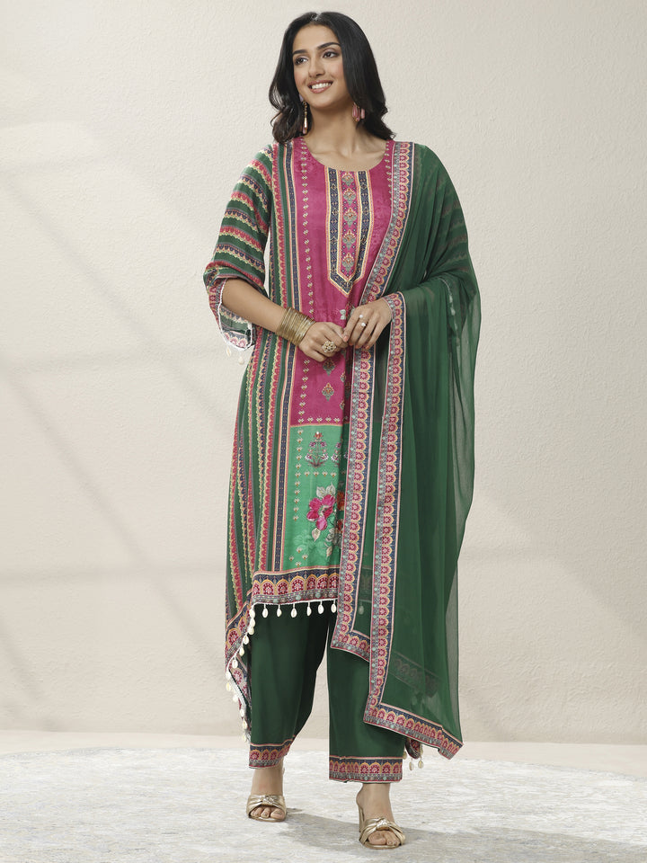 Green Printed Muslin Straight Suit Set With Dupatta