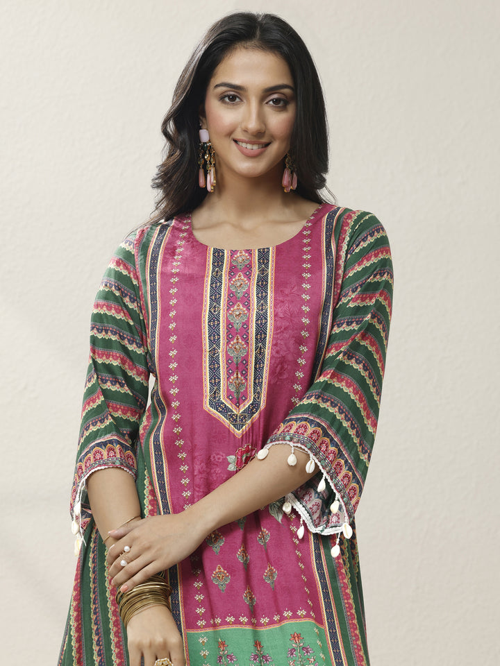 Green Printed Muslin Straight Suit Set With Dupatta