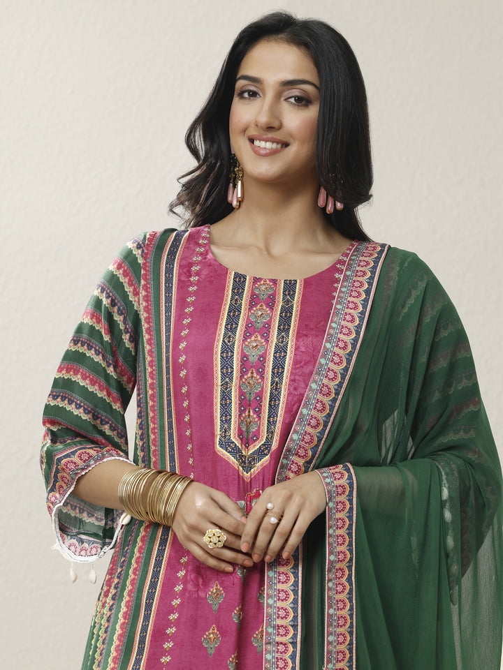 Green Printed Muslin Straight Suit Set With Dupatta