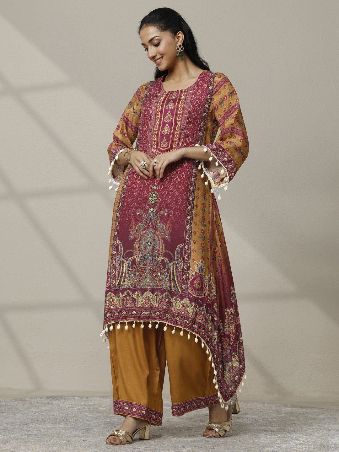 Mustard Printed Muslin Straight Suit Set With Dupatta