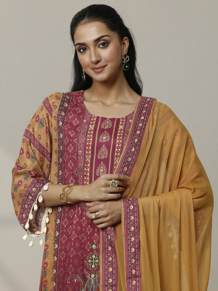Mustard Printed Muslin Straight Suit Set With Dupatta
